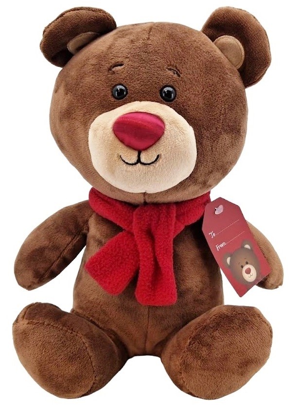 Medveď plyšový s červeným šálom a visačkou 23cm