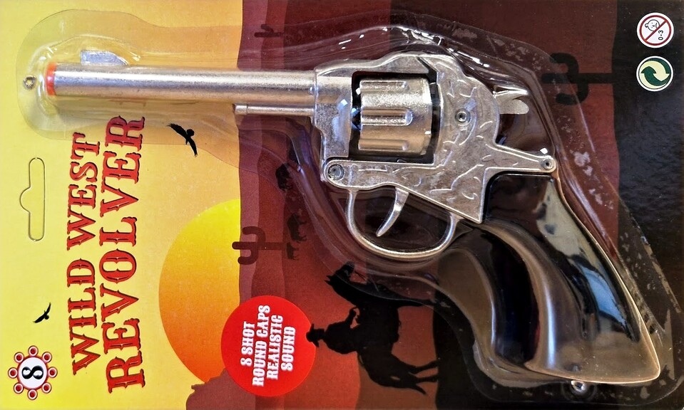 Detský revolver kovový na kapsule 8 rán 21cm