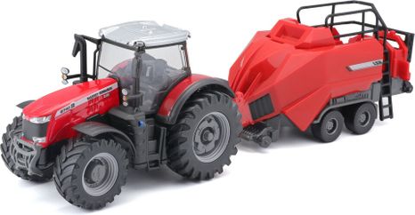 Bburago 1:50 Farm Traktor Massey Ferguson 8740S + Baler Lifter Rood