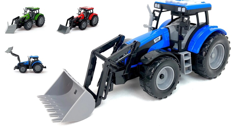 Traktor My Farm s nakladačom alebo radlicou efekty 26cm - modrá - s radlicou
