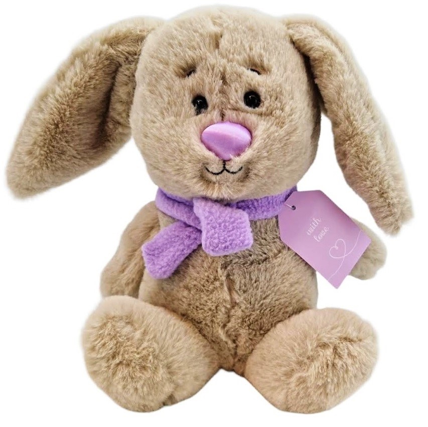 Zajac plyšový s fialovým šálom a visačkou 23cm